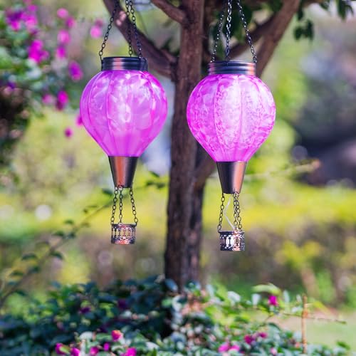 2PC Hot Air Balloon Solar Lantern with Flame, Pink Glass Balloon Lantern Lights Outdoor Waterproof, Hanging Solar Lights for Outside Garden Yard Patio Tree Porch Gift for Women Lovers Mom - color: 2PCS-Pink