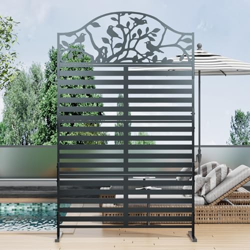 Metal Outdoor Privacy Screen, Decorative Privacy Panel with Tree Bird Design, Weatherproof Freestanding Modern Privacy Fence Divider for Patio, Deck, Backyard, Porch & Balcony (1, Black) - color: Black