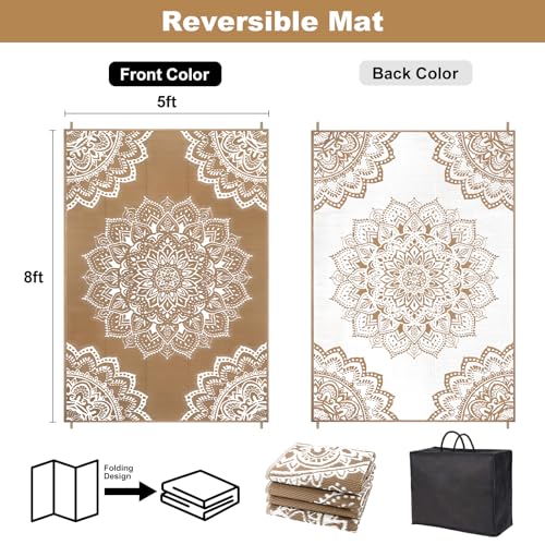 Yamaziot Waterproof Outdoor Rug 5x8 ft, Reversible Plastic Straw Rug for Patio Clearance, Camping, RV Mat, Large Outside Rug Carpet for Porch, Deck, Backyard, Balcony, Picnic (Brown) - color: Brown, size: 5' x8'