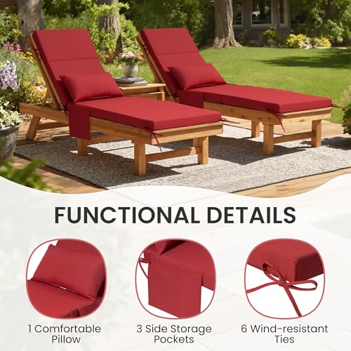 Crestlive Products Foldable Outdoor Chaise Lounge Cushions with Head Pillow and Side Pockets, Water Resistant & Fade Resistant Lounge Chair Cushion, 72''L x 21''W, Set of 2, Chili - color: Chili, size: 72"l X 21"w