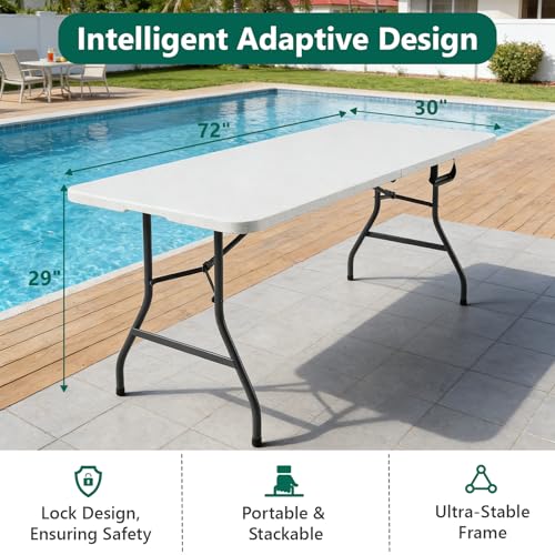 6FT Folding Table, Heavy Duty Plastic Fold-in-Half Utility Table with Handle, Portable Camping Picnic Table with Steel Legs for Indoor Outdoor Party, Dining, White,2 Pack - color: White, size: 6FT-2pack