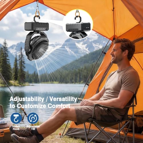 Camping Fan Rechargeable, 20000mAh Battery Powered Portable Fan with 4 Speeds & 2 LED Lights, Cordless Outdoor Tent Fan with Hanging Hook for Home Office Beach Travel - Black - color: Black