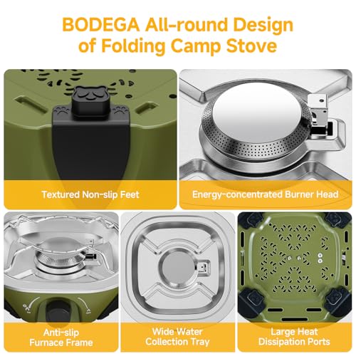 BODEGA 2 Burner Camping Stove,20000 BTU Folding Propane Camp Stove with Pressure Adjustable Burners,Wind-Resistant Dual Gas Stoves with Portable Handle&Bag&GrillPan for Camping,BBQ,RVs,Tailgating - size: With Frying Pan