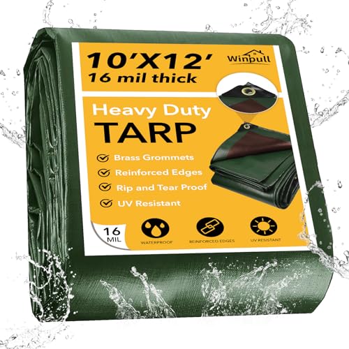 Winpull Tarp 10x12 Feet 16 Mil Heavy Duty Waterproof Tarp, Large Multipurpose Cover with Brass Grommets and Reinforced Edges, UV Resistant Thick Poly Tarps for Outdoor Camping Tent Pool Car, Green - color: Green/Brown-16mil, size: 10' x 12'