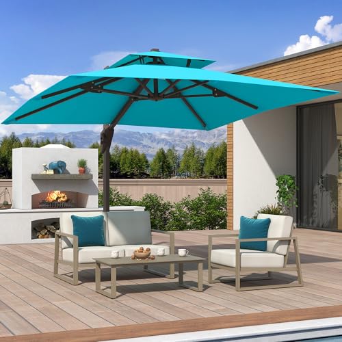 10x10 FT Cantilever Patio Umbrella Double Top Outdoor Square Large Heavy Duty Aluminum Offset Umbrellas with 7 Level Tilt 360-degree Rotation for Pool Garden Deck, Turquoise - color: Turquoise, size: 10' X 10' - Umbrella Only