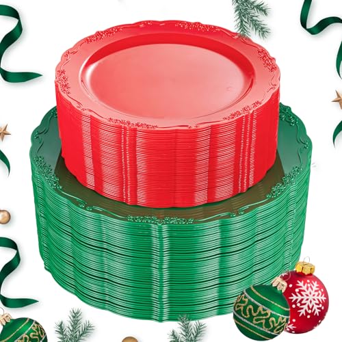 U-QE 100Pcs Christmas Plastic Plates - Green and Red Plate Disposable for Party, Plastic Christmas Plates Disposable Include 50 Red Dessert Plate, 50 Green Dinner Plate Suite for Party - color: Green Red