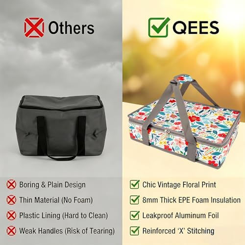 Insulated Casserole Carrier Fits Pioneer Woman Kitchen Stuff & 9x13 Baking Dish, Large Lasagna Lugger Tote, Leakproof Thermal Food Warmer Bag for Potluck, Picnic, Travel, Hot/Cold Food & Mom Gifts - color: Floral#2