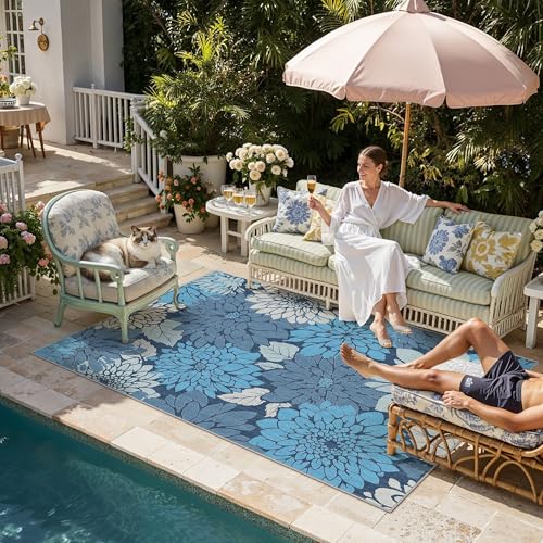 HUGEAR Floral Textured Weave Indoor Outdoor Area Rug 5X8 Washable High Traffic Stain Resistant Non Slip Durable Carpet for Livingroom Patio Deck Balcony Courtyard (Blue, 5' x 8') - color: Multi Floral / Blue, size: 5'x8' (Rectangular)