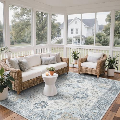 GENIMO Outdoor & Indoor Area Rug 8'x10', Waterproof, Non-Shedding, Easy Cleaning, Boho Mat for Patio, Living Room, Balcony, Dining Room, RV, Deck, Bedroom, Camping, Outside Carpet,Blue - color: Blue, size: 8' x 10' (Rectangular)