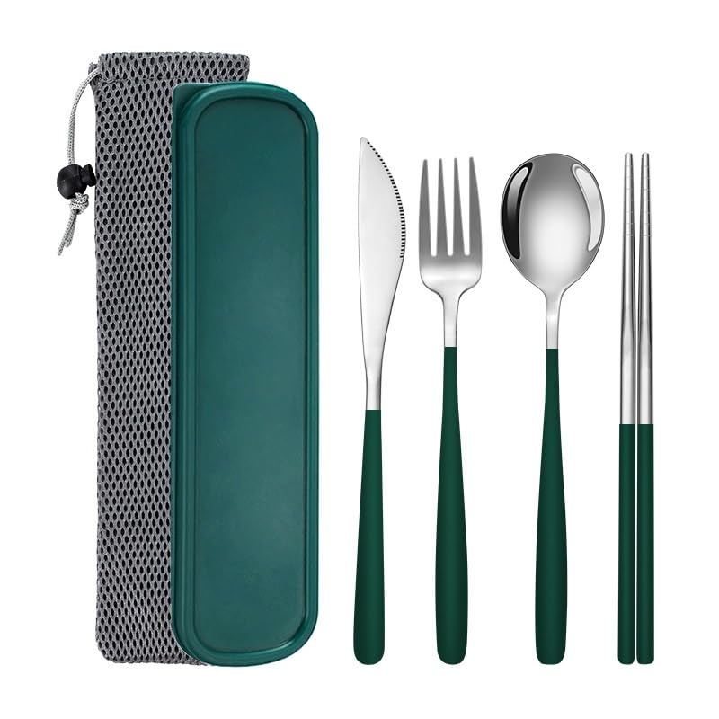 Portable Camping Utensil Set - 18/8 Stainless Steel Travel Silverware with Compact Case - Reusable Knife Fork Spoon Chopsticks Kit for Hiking, Picnic, Backpacking & Outdoor Eating (Silver Green) - color: Silver Green