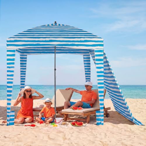 OLIXIS 6'×6' Beach Cabana Tent Sun Shelter – UPF 50+ Easy Setup Cool Canopy Tent Sun Shade with Side Wall, Cool Cabanas Tents, Wind Resistant Beach Cabana for Whole Family - color: Light Blue Stripes, size: 6x6 ft