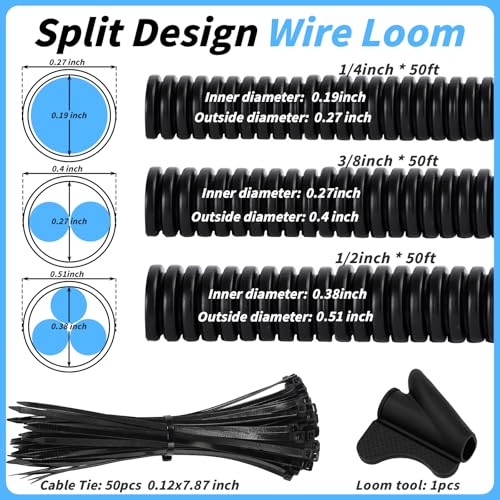 Split Wire Loom Tubing 1/4", 1/2", 3/8" x 50 FT Wire Protector Tubing, Automotive Wire Flexible Conduit Cord Covers with 50 Cable Ties for Automotive Marine RV Agriculture Electrical Cable Protection - color: Black, size: 1/4,1/2,3/8 in x 50ft