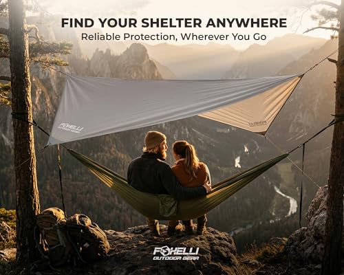 Foxelli Hammock Rain Fly - Waterproof Lightweight Tent & Hammock Rain Tarp for Camping, Backpacking w/Easy Setup Including Extra Long Guy Lines & Stakes