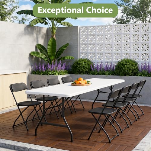 2 Pack 8FT Folding Table, Foldable Picnic Table with Carrying Handle, Heavy Duty Fold-in-Half Portable Table for Weddings, Camping, RV Travel, Parties, and Indoor Use, Easy to Fold and Store, White - color: White, size: 8FT-2 Pack