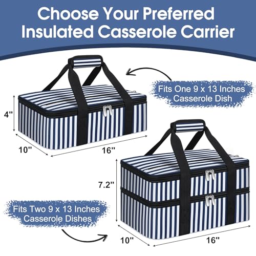 Double Insulated Casserole Carrier, Portable Casserole Carrier for Hot or Cold Food Lunch Tote Warmer or Cooler Bag, Lasagna Lunch Bag for Potluck Parties- Fits 9" x 13" Baking Dish-Blue Stripes - color: Blue Stripes, size: 16x10x7.2 in