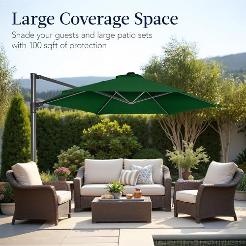 Best Choice Products 10ft Offset Cantilever Hanging Market Patio Umbrella, Smooth 360° Rotation, 8 Sturdy Ribs, Easy Adjustment - Green - color: Green, size: Offset w/ 360° Rotation