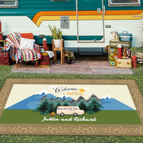 Custom RV Rug Welcom to Our Campsite RV Trailer Decor Floor Mat for Outdoors, Patio, Backyard, Picnic, Beach, Camping, 66 x 99 Inch - color: Welcom to Our Campsite 1, size: 5'6" x 8'3" (Rectangular)