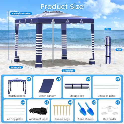 MoKo Beach Cabana,120 Sq. Ft. Large Beach Canopy Tent Sun Shade, UPF 50+ Protection Easy Setup Beach Tent, Adjustable Height Wind Resistant Cabana Sun Shelter for Whole Family, Navy Stripes
