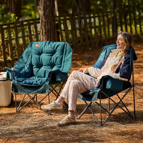 EVER ADVANCED 2 Set Camping Chair with Detachable Cushion, Mesh Chair for Adults Foldable, Oversized Heavy Duty Folding Chair with Cooler Mesh Pocket Cupholder Outdoor Fishing, Supports 400LBS Green - color: Green, size: 2 P