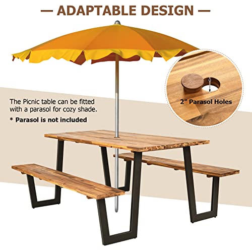S AFSTAR 70" Outdoor Picnic Table, Heavy Duty Wooden Table and Bench Set with Umbrella Hole, All-Weather Acacia Wood Picnic Tables for 6, Garden, Backyard, Porch, Patio - size: Without Umbrella