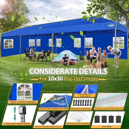 COBIZI 10x30 Pop Up Canopy Tent with Sidewalls - Party Outdoor Wedding Event for Parties - UPF 50+ Windproof Waterproof Gazebo with Air Vent, Wheeled Bag, Sandbag, Stake, Rope (Blue) - color: Blue(1-year warranty), size: 10x30