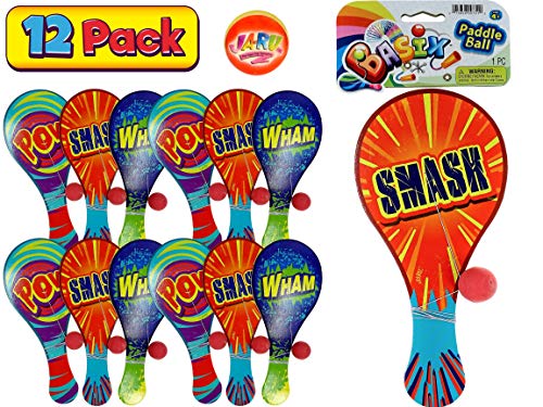 JA-RU Wooden Paddle Ball with String (12 Paddle Balls) Classic Paddle with Ball Attached for Kids | Retro Toys from The 70s & 80s, Party Favors & Classroom Prizes. 751-12p - size: 12 Packs