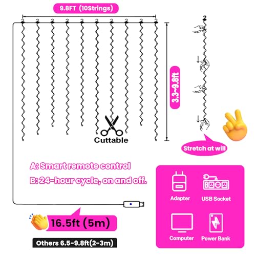 HXWEIYE 300LED Fairy Curtain Lights, 9.8x9.8Ft USB Plug-in 8 Modes Christmas String Hanging Lights with Remote for Bedroom Backdrop Wedding Indoor Wall Decor, Pink, Standard – 1 Pack - color: Pink, size: Standard – 1 Pack