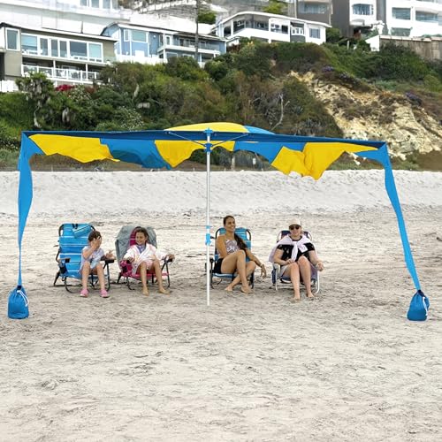 Shark FIN Shade Beach Tent Wind Sun Canopy Portable Easy Set Up UPF 50+ No Assembly Required 3-30 MPH - 1 to 8 People - Tie Downs Included - 2 Sizes Large 9' X 10' & Giant 13.5' X 10' PATENTS Pending - color: XL Blue and Yellow