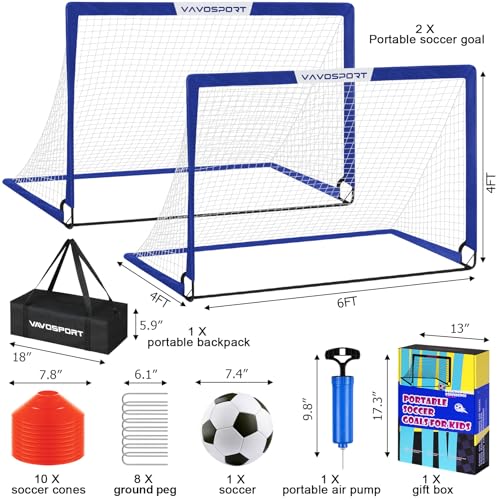 VAVOSPORT Soccer Goal, 2 of 6'x4' Kids Soccer Goals for Backyard Set, Portable Pop Up Soccer Net, Practice Soccer Training Equipment with Ball, Cones for Toddler,Youth Sports Outdoor Games Yard Play - color: Blue