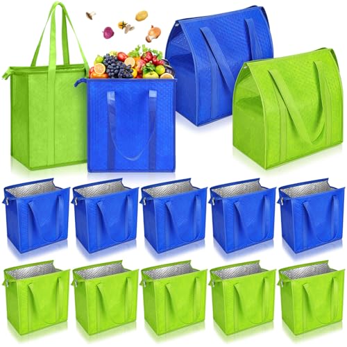 10 Pack Large Insulated Grocery Bags Reusable Shopping Bags with Zippered Top 13 x 12 x 7 Inch Thermal Cooler Totes Bulk with Handles for Hot Cold Food Delivery Refrigerator (Green,Blue) - color: Green, Blue