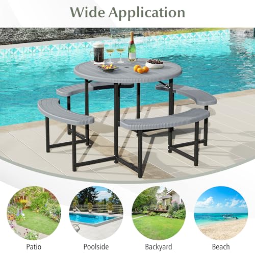 Byroce 8-Person Picnic Table for Outdoors, HDPE Picnic Table Set with 4 Benches, Umbrella Hole & Metal Frame, Heavy Duty Round Dining Table Chairs for BBQ Party in Patio, Yard & Poolside (Gray) - color: Grey