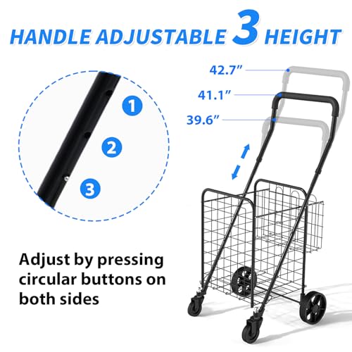 Folding Shopping Cart, Rolling Trolley with 360° Swivel Wheels Height Adjustable Grocery Cart for Laundry, Baggage, Picnic - size: Medium - Basic