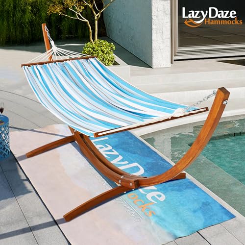 Lazy Daze Hammocks Cotton Fabric Spreader Bar Hammock and 10.5 Ft Wood Arc Hammock Stand Combo, for Indoor, Outdoor, Patio, Backyard, Blue and White - color: Blue and White