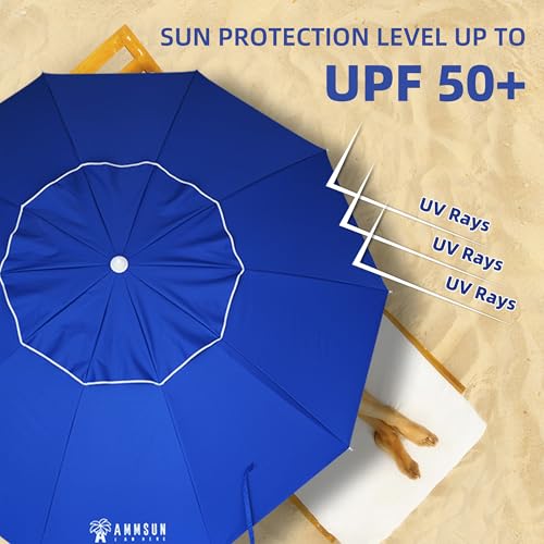 AMMSUN 8 Feet Large Beach Umbrella with Sand Anchor Heavy Duty High Wind Portable Outdoor Umbrellas UV 50+ Protection Air Vent Tilt Patio Garden Pool - color: Blue