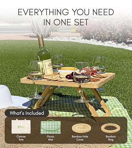 Outdoor Wine Picnic Table, Wooden Folding Picnic Table with Glass Holder, Bamboo Wine Glass Snack Tray for Indoor & Outdoor Use, Includes Picnic Mat & Tote Bag