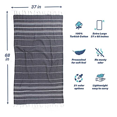Hencely Turkish Beach Towel 37x68 Oversized, Sand-Free, Quick-Dry, Lightweight - Travel Essential for Pool & Bath - Striped 100% Cotton Bathroom Towels Accessories Gift (Black) - color: Black