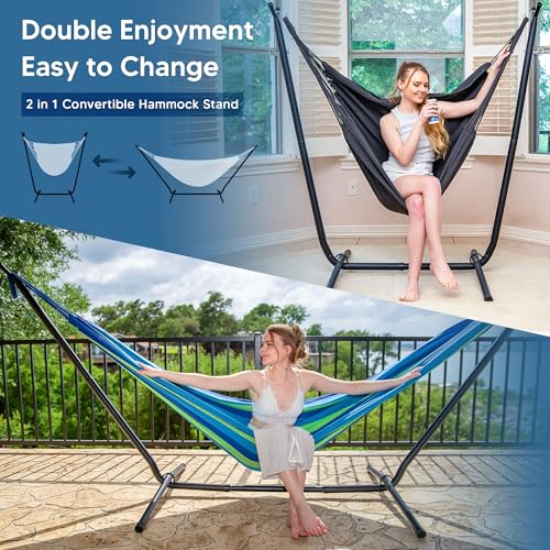 SUNCREAT 2-in-1 Hammocks Hammock Chair with Stand, 475 lbs Capacity, Heavy Duty Two Person Hammock with Stand, Patented, Blue Stripe - color: A-blue Stripe