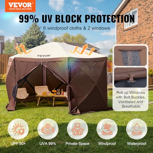 VEVOR Pop Up Gazebo Screen Tent 6 Sided Canopy Sun Shelter with 6 Removable Privacy Wind Cloths & Mesh Windows, 12.5x12.5FT Quick Set Screen Tent with Mosquito Netting, Brown - color: Brown, size: 12.5x12.5ft