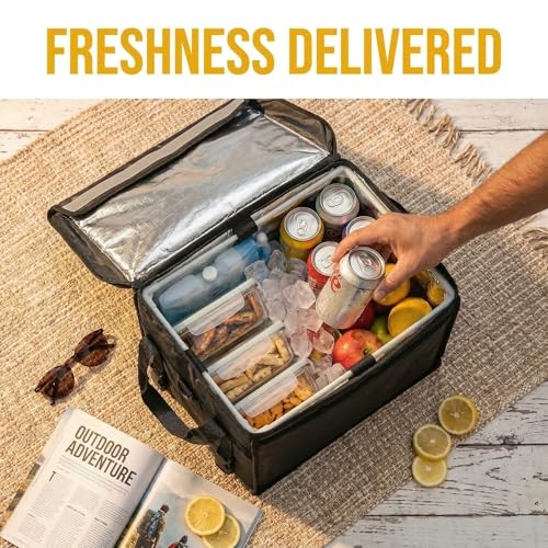 Kaitiemoo 48L Insulated Food Delivery Bag, Thermal Hot Cold Bag with Waterproof Easy-Clean Liner, Foldable Design for Meal Delivery, Groceries, Picnic, Camping - size: 48L