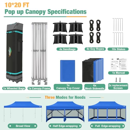 COBIZI 10x20 Canopy Tent, Heavy Duty Pop up Canopy with Sidewalls, Waterproof Easy Setup Canopy with Mosquito Netting, Outdoor Instant Screen Tents for Parties, Wedding with Roller Bag, Blue - color: Blue, size: 10x20FT