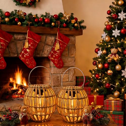 Solar Outdoor Lanterns, Hanging Rattan Lantern Handwoven Garden Lights Solar lamp Waterproof for Outside, Idea for Yard Gazebo Patio Pergola Pathway Front Porch Decor, 2 Pack