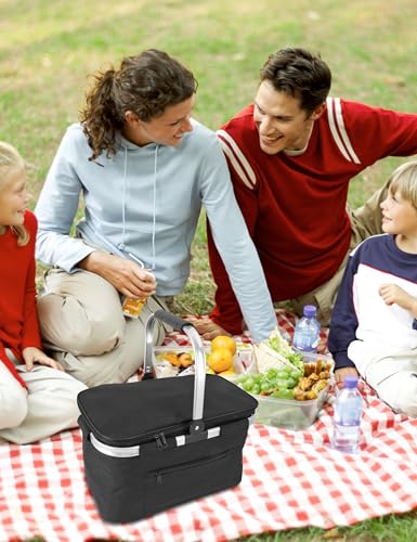 Large Picnic Basket Insulated, Foldable Shoping Basket Cooler Bag, Leakproof Picnic Baskets with Handle and Lid for Camping Outdoor Birthday Lunch BBQ Travel Beach(Black, 16.9x11x9.8 in) - color: Black, size: 16.9 x 11 x 9.8 in