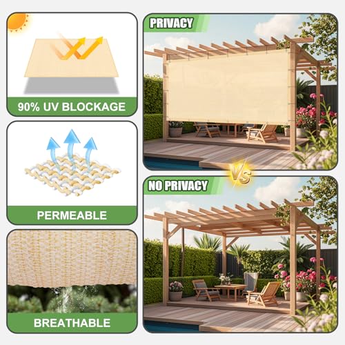 90% Outdoor Sun Shade Cloth, 6'×12' Pergola Shade Cover with Grommets, Privacy Screen Sunshades for Patio Garden Backyard Plant, Wheat - color: Wheat, size: 0 6 X 1 2 FT