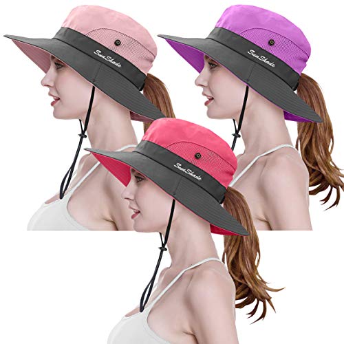 3 Pieces Womens Ponytail Wide Brim Sun Hat Packable UV Protection Beach Cap for Fishing & Hiking - color: Purple＆watermelon Red＆pink