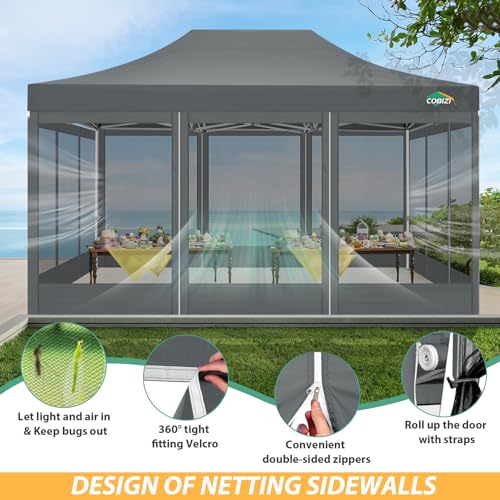COBIZI 10x15 Heavy Duty Pop up Canopy with 4 Sidewalls, Canopy Tent with Mosquito Netting, Easy up Screen Party Tents for Parties Wedding Patio Backyard Commercial Gazebo with Handbag, Gray - color: Gray, size: 10x15ft(standard)