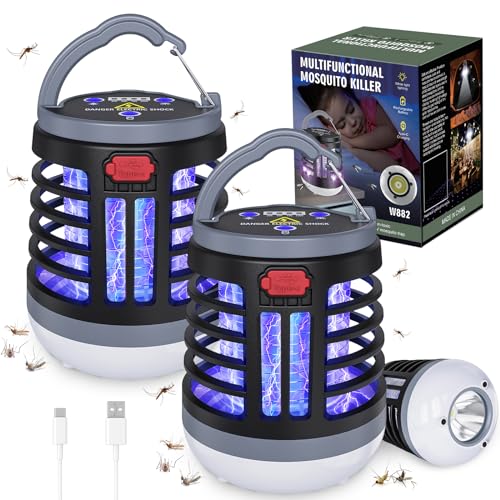3 in 1 Indoor Bug Outdoor Mosquito Zappers, USB Rechargeable Mosquito Killer Portable Waterproof, LED Lantern Fly Zappers Camp Light Emergency Light for Home, Backyard, Camping Patio - 2 Pack