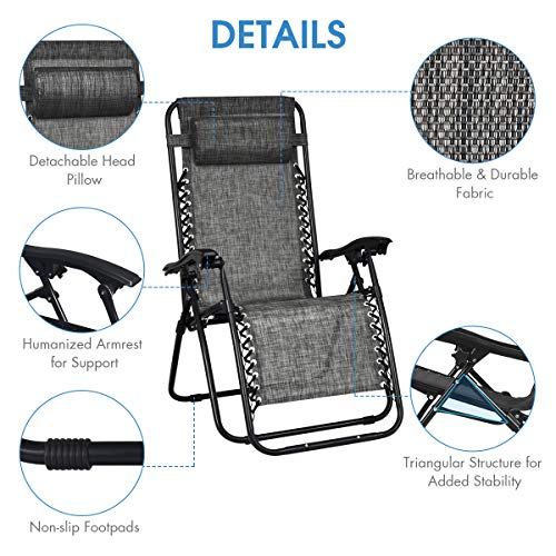 Giantex 3 PCS Zero Gravity Chair Patio Chaise Lounge Chairs Outdoor Yard Pool Recliner Folding Lounge Table Chair Set (Gray) - color: Grey