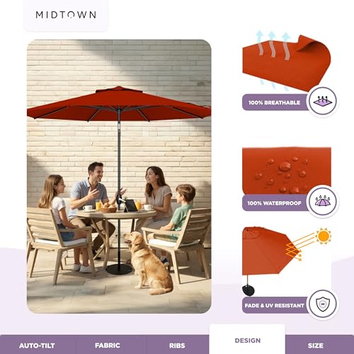Midtown Umbrellas - 10-Year-No-Fade 8 Ft Patio Umbrella with Terylast Fabric, Auto-Tilt Aluminum Frame and 8 Reinforced Ribs for Deck, Pool, Garden & Beach - Apple Red Canopy, Black Pole - color: Terylast Fabric - Apple, size: 8 Foot