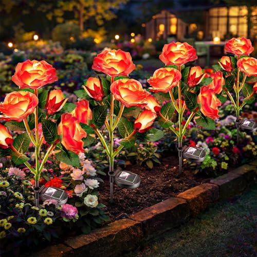 Anordsem Solar Garden Lights Outdoor: 20 Waterproof Fabric Roses 4 Pack - Red LED Flower Decorations for Yard Patio Path Cemetery Grave - Birthday Gifts for Women Mom Wife - color: Red, size: 4 Pack