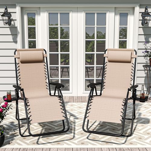 Set of 2 Adjustable Zero Gravity Lounge Chairs Outdoor Recliner w/Cup Holder Tray & Removable Pillows, Ergonomic Reclining Chair for Camping Patio Lawn Balcony (Beige-Brown) - color: Beige-brown
